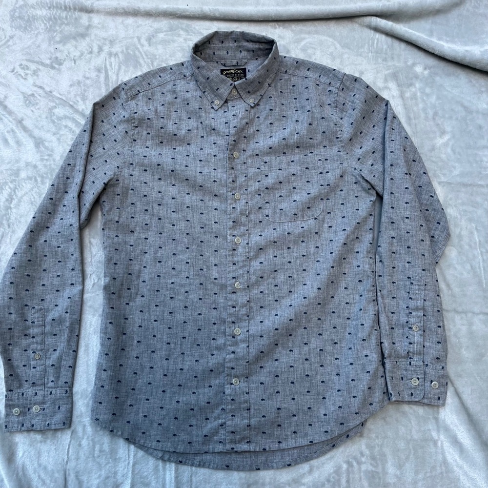 United By Blue Mens Small Grey Bison Print Hemp Blend Button Down Shirt